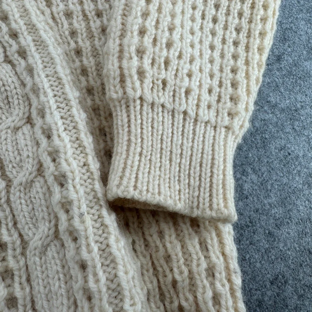 Mairtin Standun Irish Aran Wool Sweater Beige Cable Knit Crewneck Ireland L